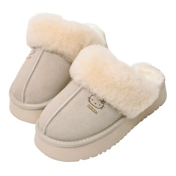 Ann’S X Sanrio三麗鷗 HELLO KITTY 聯名 毛絨絨可拆後帶2way麂皮真皮厚底穆勒雪靴4cm-米白