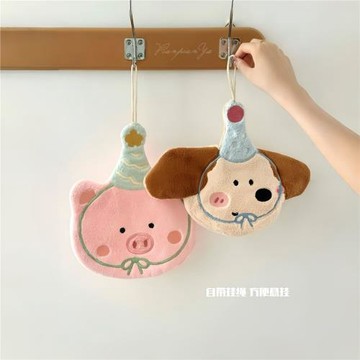 可愛刺繡小狗擦手巾廚房浴室可掛式卡通珊瑚絨小毛巾吸水小方巾