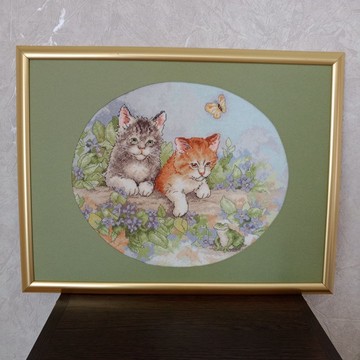 手工小貓刺繡畫 獨特壁飾 成品十字繡