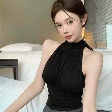 爆款直降價 吊帶背心 短版背心 無袖背心 女裝 新款性感辣妹高級感吊帶背心褶皺掛脖修身顯瘦氣質小衆保暖背心女