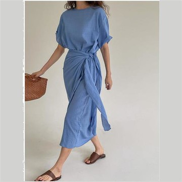 【巴黎精品】連身裙短袖洋裝-棉麻不規則收腰繫帶女裙子a1go10