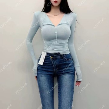 【𝐊𝐈𝐊𝐈𝐅𝐀𝐌𝐄】🧵狠難不愛.ᐟ.ᐟ韓女掐腰小性感翻領排扣上衣 長袖T恤 緊身上衣 翻領上衣 素T 百搭上衣 合身上衣