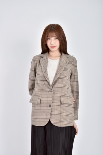 (M) sara西裝格紋墊肩杏色外套