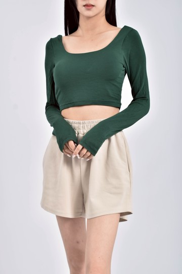 (S) 修身短版bra top綠色長袖上衣