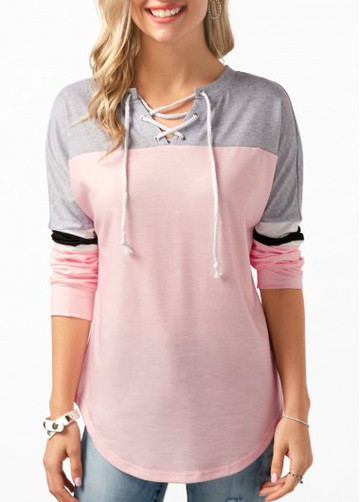 Lace Up Color Block Curved Hem Tunic T Shirt