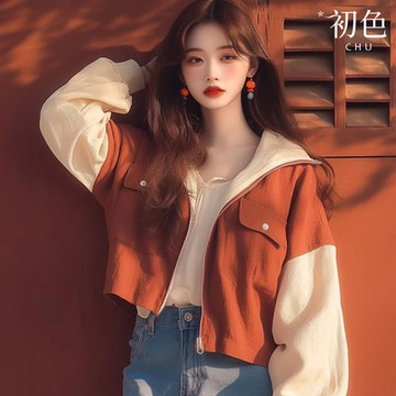 初色 美式復古慵懶寬鬆撞色拼接口袋拉鍊長袖連帽外套女外套-紅白色-37671(M-3XL可選)