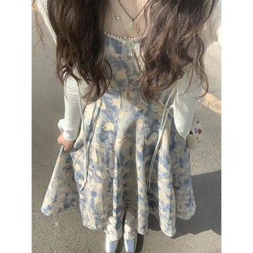 2025新款法式高級感雪紡長裙藍色油畫碎花吊帶連衣裙兩件套裝女夏