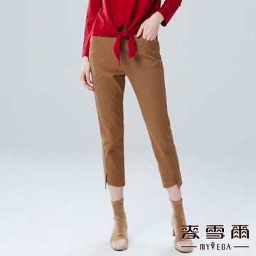 MYVEGA麥雪爾 後鬆緊腰褲耳開岔九分褲-駝