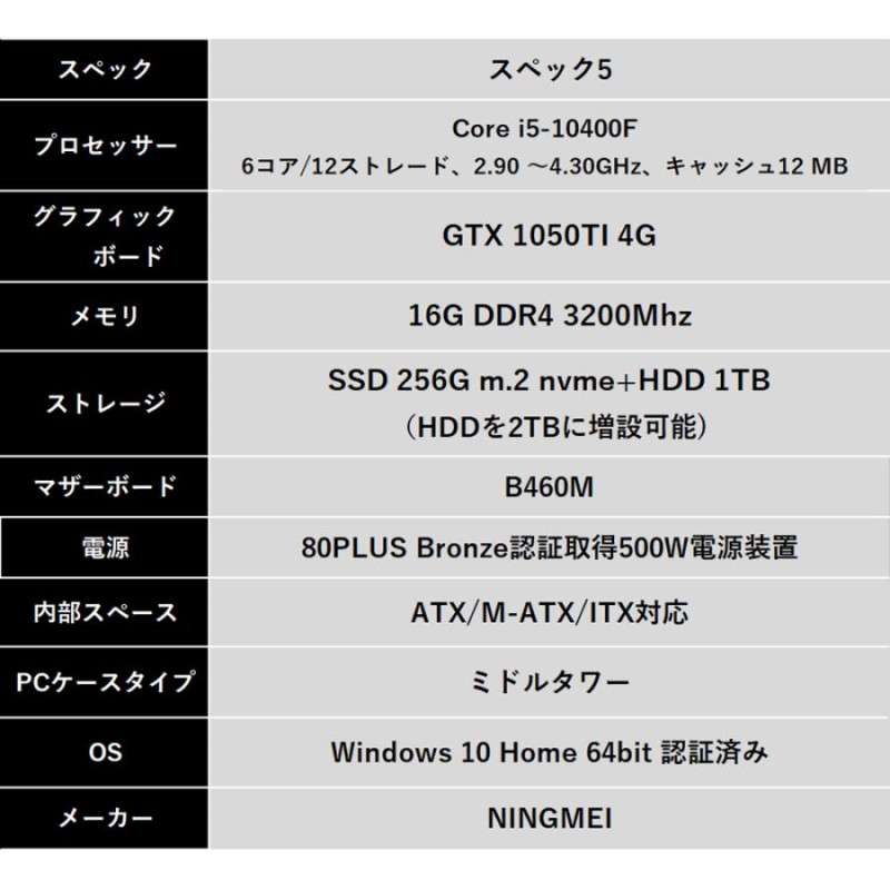 ゲーミングpc フォートナイト【CORE i5 10400F/ GTX 1050Ti/ メモリ