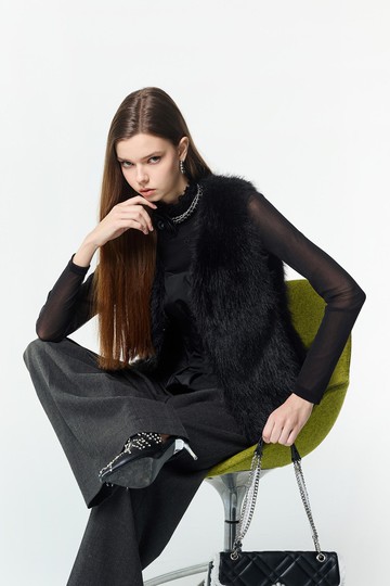 顯瘦黑仿皮草背心