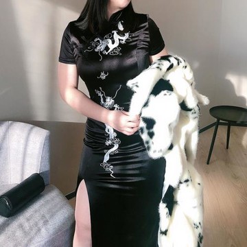 性感尤物】復古大碼旗袍胖mm春夏新品暗黑彈力修身刺繡連衣裙