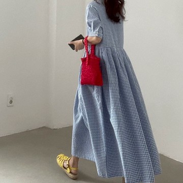 [米蘭精品] 洋裝公主袖連身裙-復古氣質圓領格紋女裙子74kf17