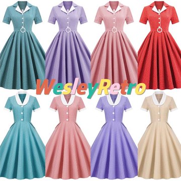 法式優雅復古淑女洋裝顯瘦港風格子氣質收腰短袖中長大擺連衣裙夏