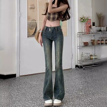 前壓線三釦彈力高腰微喇叭牛仔褲