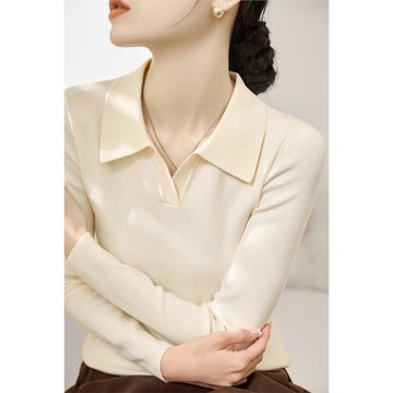 洋氣設計感修身顯瘦長袖上衣女春秋高級百搭POLO領內搭針織打底衫