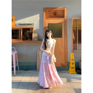 蕾絲粉色半身裙女2025新款夏季高腰a字小個子顯瘦垂墜感蛋糕裙子