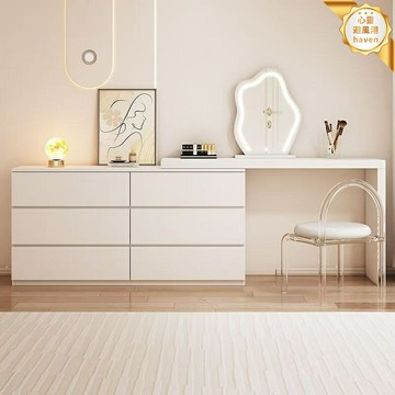【奶油風輕奢】梳妝檯鬥櫃一體 床尾櫃 化妝桌 梳妝臺 鬥櫃 收納櫃 全實木打造 現代簡約設計 主臥室床尾收納 多功能化妝臺