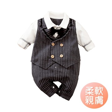 寶寶西裝 滿月禮服 包屁衣套裝 收涎禮服 灰豎條紳士包屁衣 男寶禮服 嬰兒禮服 西裝連身衣-雪倫小舖