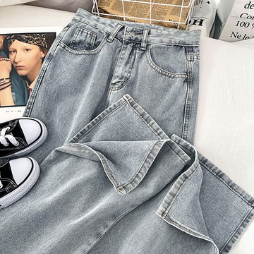 淺藍色高腰牛仔直筒褲女秋春新款寬松設計感小眾開叉闊腿長褲