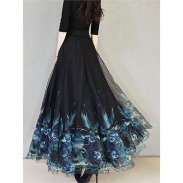 大擺百搭黑色漸變花色網紗半身裙2025秋季新品新中式復古國風長裙
