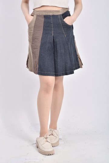 (S) jeanbouget棉質鬆緊腰拼接棕色短裙