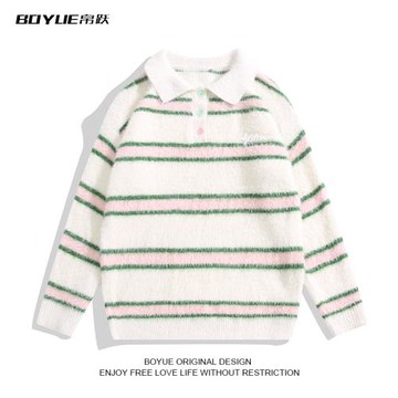 BOYUE帛躍仿貂絨翻領毛衣冬季英倫學生中性風男女拼色條紋針織衫