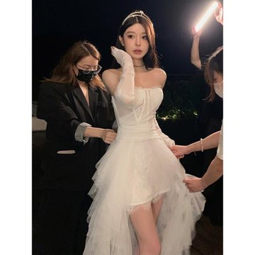 婚紗2025新款生日party訂婚禮服高端輕奢小眾氣質白色抹胸連衣裙