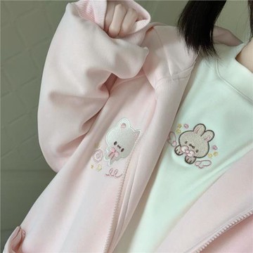 邱邱自制百搭基礎軟妹雙色小兔子刺繡德絨彈力長袖打底衫