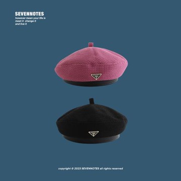 SEVENNOTES玫紅貼標貝雷帽女英倫文藝復古蓓蕾畫家帽秋冬休閑ins