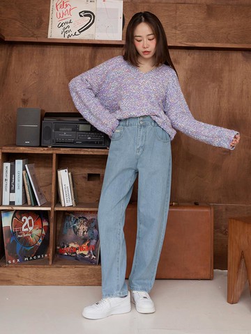 純棉雙排釦後鬆緊直筒牛仔褲