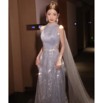 重工晚禮服裙輕奢小眾高端年會亮片主持藝考高級感藍色掛脖敬酒服