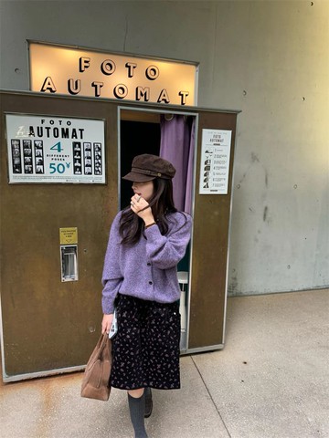 【韓國】霧紫花庭針織開襟外套絲絨半身裙套裝-88599