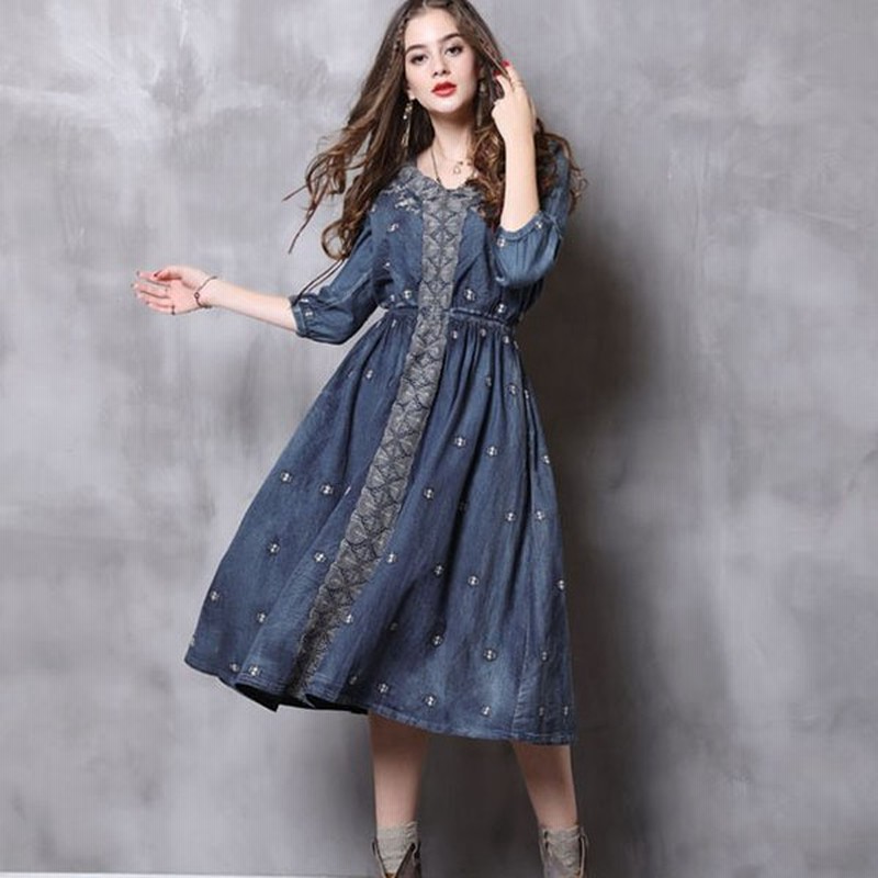 デニムワンピース コーデ 40代 民族風 5部袖 刺繍 ボヘミアンワンピース レトロ オリジナル チャイナ 綿 ドレス デニムスカート ドレスワンピース 50代 通販 Lineポイント最大0 5 Get Lineショッピング