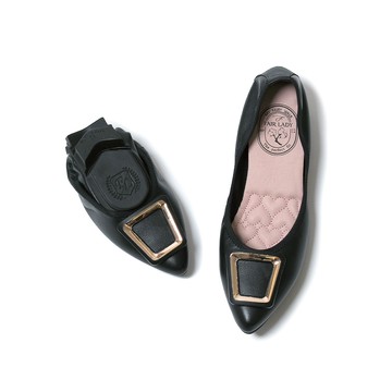 我的旅行日記  俐落方釦尖頭增高平底鞋 黑 (502920)