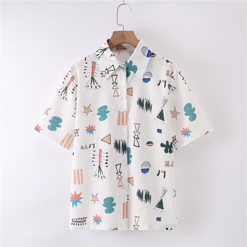 夏季新款港風少女花襯衫學生清新短袖寬松襯衣雪紡polo衫上衣