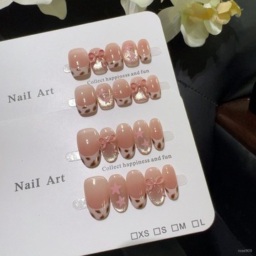 ➕最新設計款穿戴甲💅【粉紅豹】早秋季新款溜邊豹紋法式韆金蝴蝶結純手工甜美風穿戴甲短方穿戴甲 HMYT