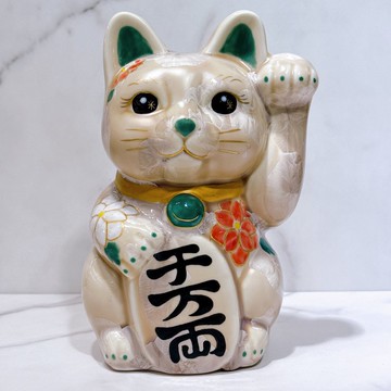 【清水華貴】日本清水燒招財貓 | 花結晶 杏 体花 千万両 特大 左
