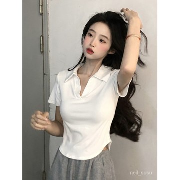 【限時特賣】短袖上衣 polo上衣 翻折領上衣 短袖T恤 白色polo領短袖正肩T恤女夏季設計感小眾純慾修身不規則短款上
