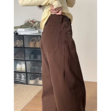 美德拉咖色高腰彎刀牛仔褲女2025春季分割設計寬松顯瘦闊腿拖地褲