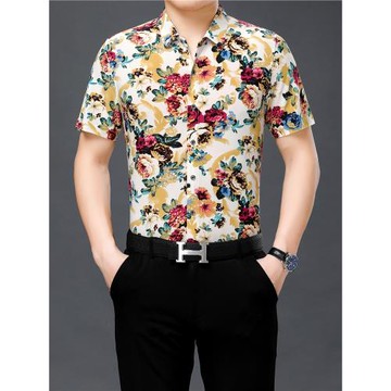 碎花襯衫男短袖夏時尚中年寬松絲棉男士休閑爸爸裝半袖薄款襯衣彈