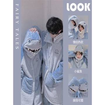 珊瑚絨鯊魚情侶款睡衣女2025年男士秋冬季可外穿法蘭絨加厚居家服