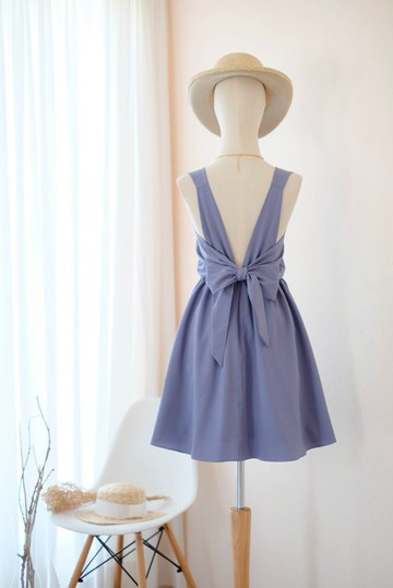 灰藍色露背伴娘服 派對雞尾酒短洋裝