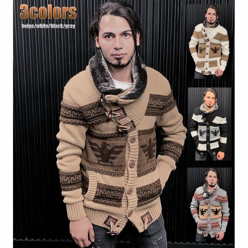 ニットジャケット ローゲージニット セーター ハイネック カウチン風 カーディガン 厚手 メンズ 白黒グレーベージュ 大きいサイズも入荷 通販 Lineポイント最大0 5 Get Lineショッピング