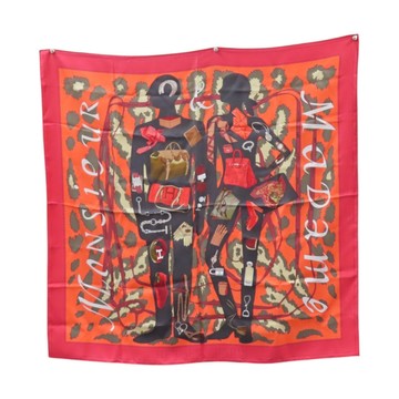 HERMES 愛馬仕 Monsieur et Madame 90 方巾 黑/橘/紅色 絲綢 【二手名牌BRAND OFF】