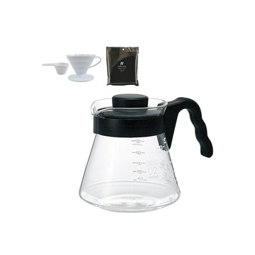 HARIO V60日本耐熱玻璃沖泡壺&咖啡壺-700ml黑色+日本PP樹脂咖啡濾杯1-4杯+咖啡濾紙50張