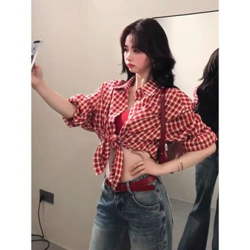 日系復古紅色格子襯衫外套女夏季vintage松弛感休閑防曬襯衣外套