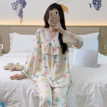 春秋女士棉綢睡衣蕾絲邊印花長袖長褲兩件套防凸點可愛薄款睡衣