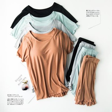 睡衣女夏螺紋帶胸墊罩杯半袖短袖T恤衫短褲免文胸一體家居服套裝