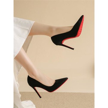 紅底高跟鞋女細跟2025春秋新款黑色絨面單鞋尖頭性感職業工作鞋女