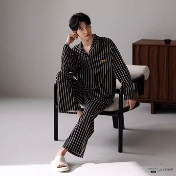 ✨限時惠購⚡ 睡衣大碼 睡衣 男士 春秋季 新款 條紋 長袖 兩件套 簡約 休閒 大碼 家居服 可 外穿